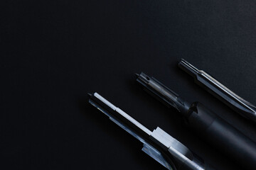 tools special reamer set 6 flute. Material Carbide+steel. Isolated black background. Drilling metal, cast iron, Aluminum, metals,parts automotive.