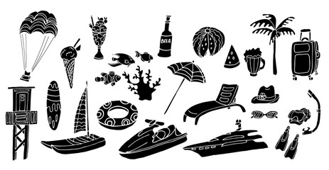 Big summer set with water sports equipment, beach and vacation stuff, snacks and drinks. Vector hand drawn  illustration. Black silhouettes isolated on white background.