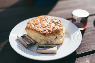 Hartlepool/UK -11th Oct 2019: English scone with butter and jam