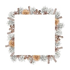 Christmas frame with cinnamon, orange, gingerbread cookie, spruce branches and star anise. watercolor christmas illustration. Isolated. white background. Template for New Year greetings and design