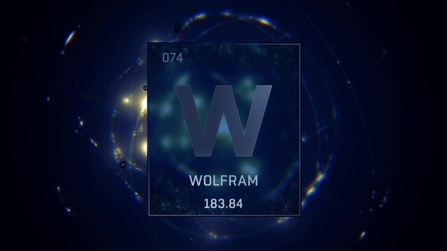 Tungsten as Element 74 of the Periodic Table. Seamlessly looping 3D animation on blue illuminated atom design background orbiting electrons name, atomic weight element number in German language