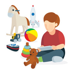 Little boy abstract cartoon character sitting in lotus position with smart pone in hands and toys. Vector illustration, part of set.