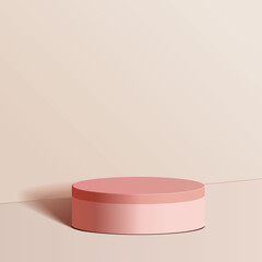 Abstract minimal scene with geometric forms. cylinder pink podium in pink background with leaves. product presentation, mock up, show cosmetic product, Podium, stage pedestal or platform. 3d vector
