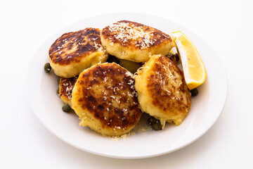 Potato Parmesan Pancakes with lemon and capers