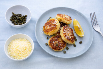 Potato Parmesan Pancakes with lemon and capers