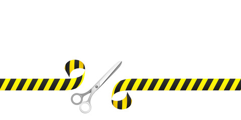 Fototapeta premium Vector illustration of scissors and safety tape they are isolated on a white background.