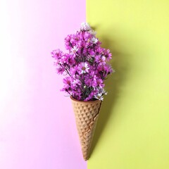 Cutter flower and ice cream cones on pastel colored background. Pink flower in a ice cream cones.