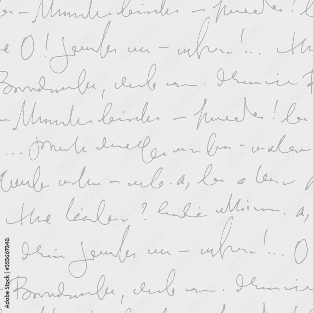 Poster Handwritten abstract text vector seamless pattern, vector monochrome script isolated on white background