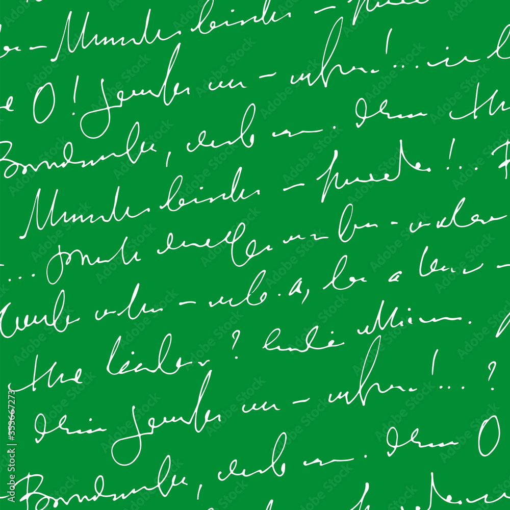 Poster Handwritten abstract text vector seamless pattern, vector monochrome script isolated on green chalk board background