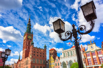 Beautiful architecture of the old town in Gdansk with city hall, Poland