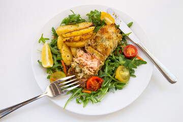 Lemon Herb Marinate Salmon covered Breadcrumb with chips