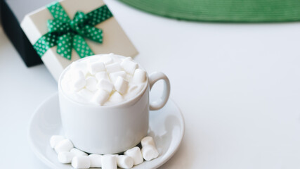 Cup of cappuccino with marshmallow and green plant on white background