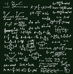 The dark green Board is covered with scientific formulas and calculations in physics and mathematics. Vector pattern for designing notebooks for stands in the field of Science and education. Drawn by 