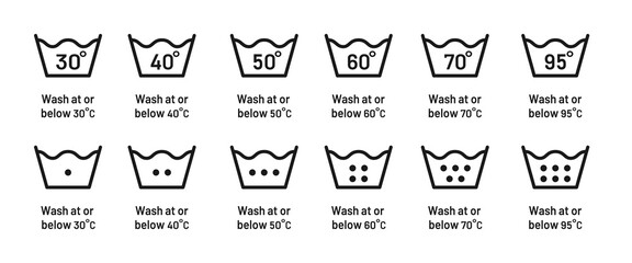 Wash at degree flat vector set. Water temperature 30C 40C  50C 60C 70C 95C  vector sign. Wash temperature. Laundry icon isolated on white background. 