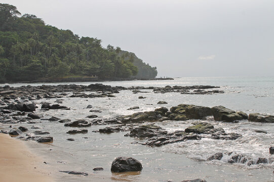 A partial view of the Sundy beach on the northwest coast of island of Príncipe, the flora in this beach is typical of coastal areas, comprised of capoeira forest. São Tomé and Príncipe, August 1, 2014