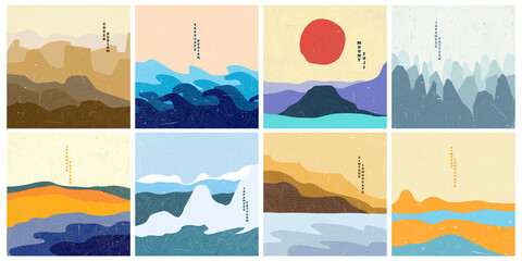 Vector illustration landscape. Wood surface texture. Japanese wave pattern. Mountain background. Asian style. Sunset scene. Design for social media wallpaper, blog post template, card, poster