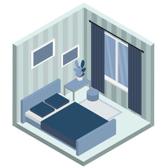 Bedroom isometric interior design composition with bulky objects bedroom furniture, window and bed vector illustration. Blue and gray colors.