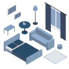 Bedroom isometric design. items bedroom furniture, window and bed, sofa. vector illustration. Blue and gray colors.