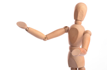 Wooden figure mannequin posing in action isolated on white background.
