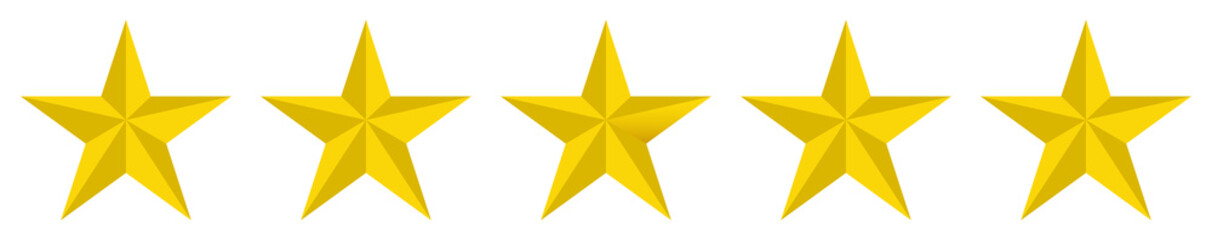 Five golden stars product rating review. Five stars customer product rating review flat icon for apps and websites