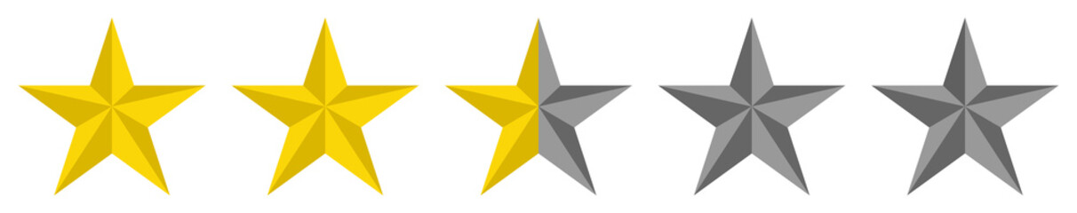 Five stars product rating review.   Vector illustration icon of five golden stars for apps and websites. Full golden, half gjlden and gray star.