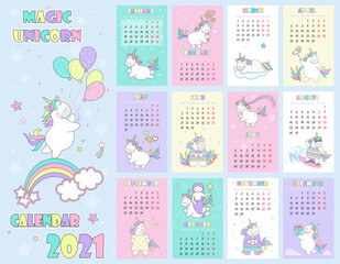 Vector illustration child calendar for 2021 with cute unicorn, magic unicorn icon set