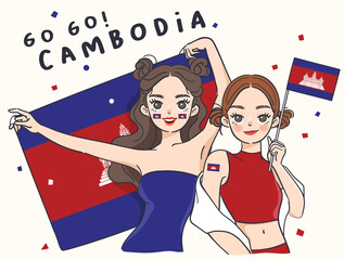 Two pretty girls holding national flag : vector Illustration - 353672295