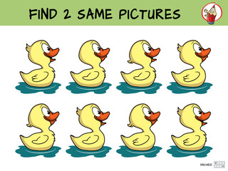 Find two the same ducks. Educational matching game for children. Cartoon vector illustration