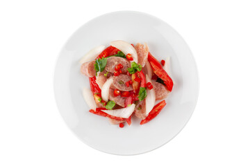Spicy fermented pork salad on white ceramic plate