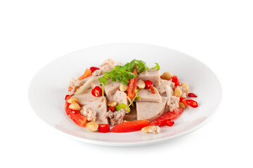 Spicy Vietnamese Sausage Salad on white ceramic plate