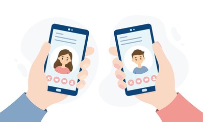 Dating application for smartphones. Hands holding smartphones. People dating through an online app.
