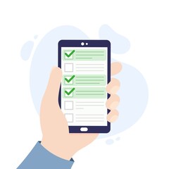Phone with checklist. Hand holding a smartphone.