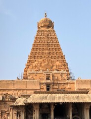 Fototapeta na wymiar Brihadeeswarar temple in Thanjavur, Tamil nadu. This is the Hindu temple built in Dravidian architecture style. This temple is dedicated to Lord shiva and it is a UNESCO World Heritage Site.