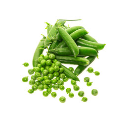 Ripe pea vegetable with green leaf isolated on white background