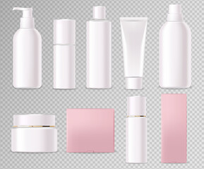 Realistic cosmetics, pink design, white bottle set, packaging mockup, skin care, hydration cream, toner, cleanser, serum, beauty card, face treatment, isolated container 3d white background vector