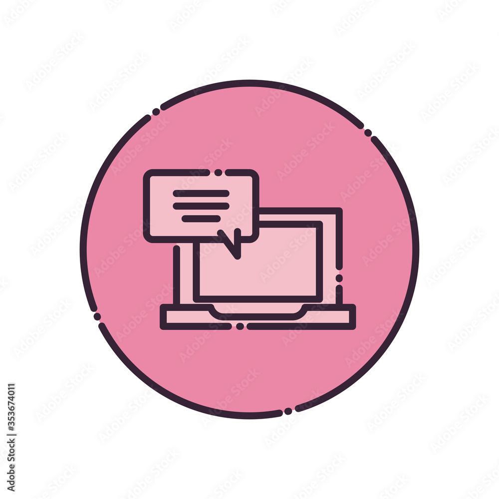 Poster laptop with communication bubble fill style icon vector design