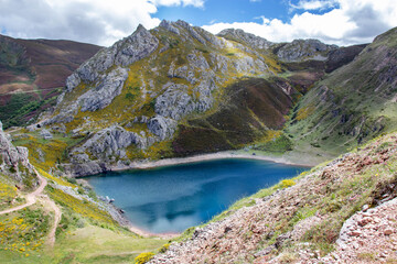 Cueva mountain lake in the Somiedo national park, Spain, Asturias.