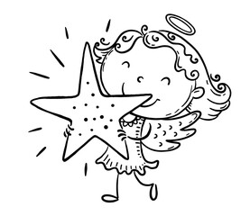 Little girl in an angel costume holding a star, coloring page
