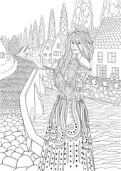 Coloring book for adults with beautiful medieval princess dressed in historical outfit stading in the cute european village