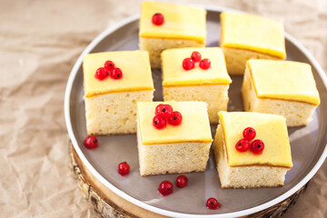 Cream cheese butter coffee-cake with lemon curd icing