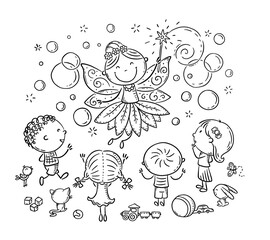 Fairy at the kids birthday party, coloring page