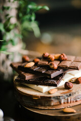 chocolate bars on a Board with nuts