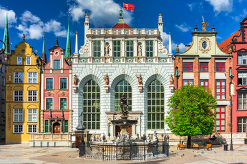 Beautiful architecture of the old town in Gdansk with Artus court, Poland