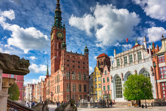 Beautiful architecture of the old town in Gdansk with city hall and Artus court, Poland