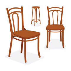 Vintage wooden chairs. Retro chairs and shelf vector illustrations set. 