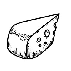 Illustration of cheese slice in engraving style. Design element for logo, label, sign, emblem, poster.