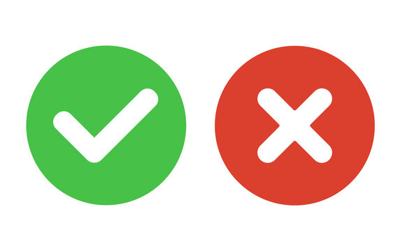 Flat Vector Icon. Green Check Mark And Red Cross. Right And Wrong. Vector Yes And No Check Marks On Circles. Vector Illustration.