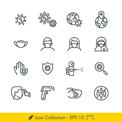 Set of Coronavirus (COVID-19) Prevention Related Icons / Vectors - In Line / Stroke Design | Contains Such Virus, Pandemic, Epidemic, Mask, Hazmat Suit, Protection, Disinfectant Spray, Thermometer Gun