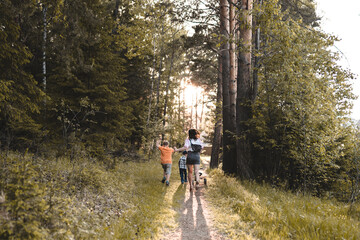 Fototapeta na wymiar woman and two children walking in the park