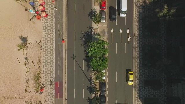 Rio de Janeiro, Brazil, aerial view, flying over famous Ipanema avenue Beach on a sunny day
